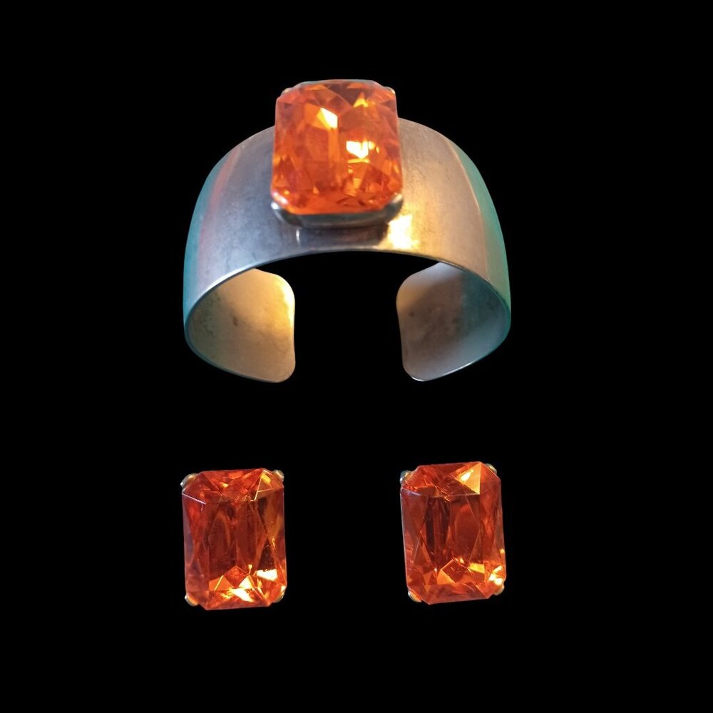 VTG Modernist Silver-Tone Cuff Bracelet & Earrings Set Orange Gemstone Clip-Ons